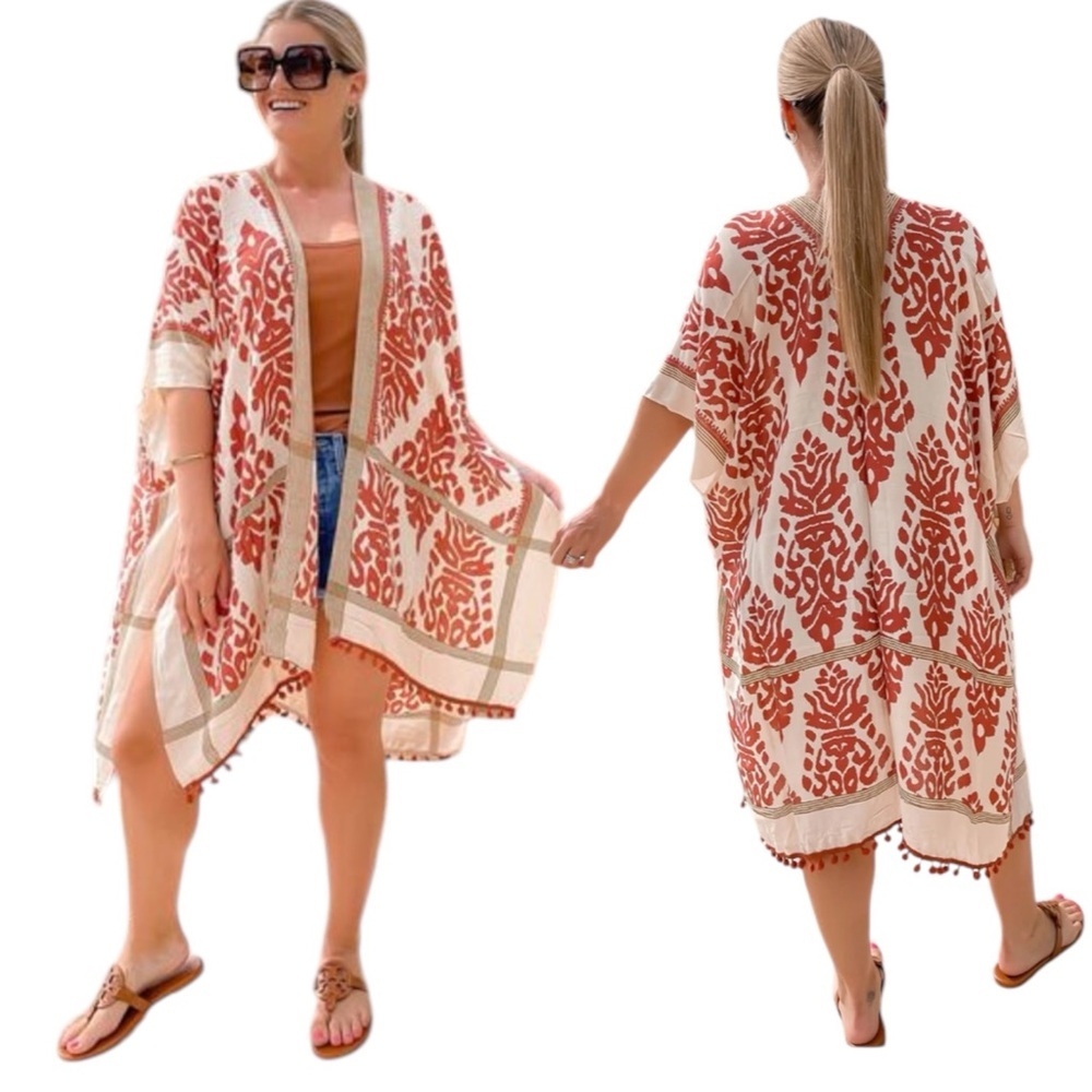 NWT Janice Apparel Red Rust Cream‎ Boho Hippie Patterned Summer Cover up Kimono